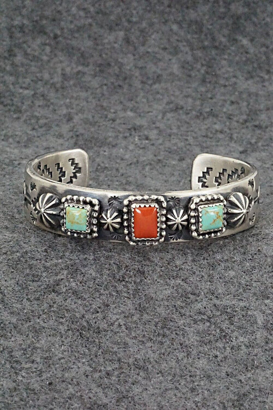Turquoise, Coral & Sterling Silver Bracelet - Andrew Gordon