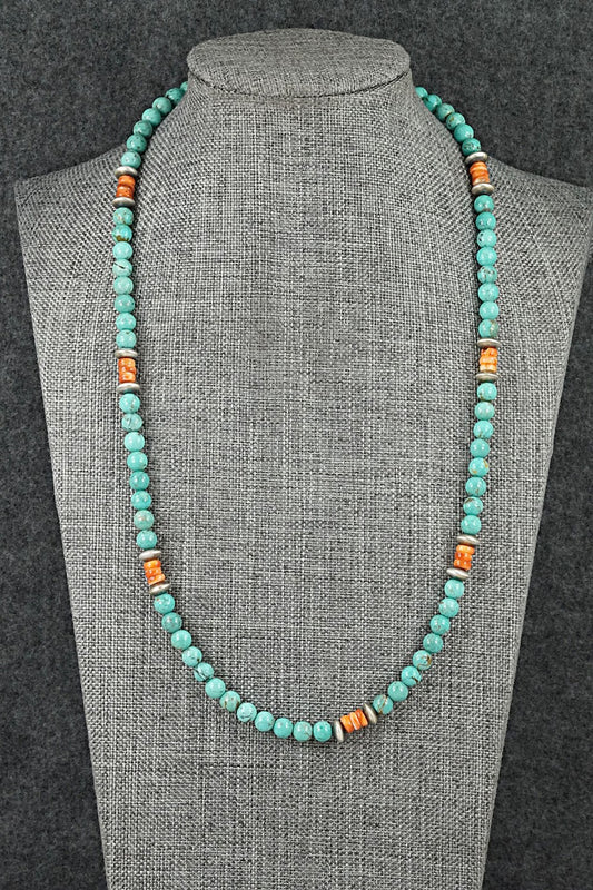 Turquoise, Spiny Oyster & Sterling Silver Necklace 20" - Doreen Jake