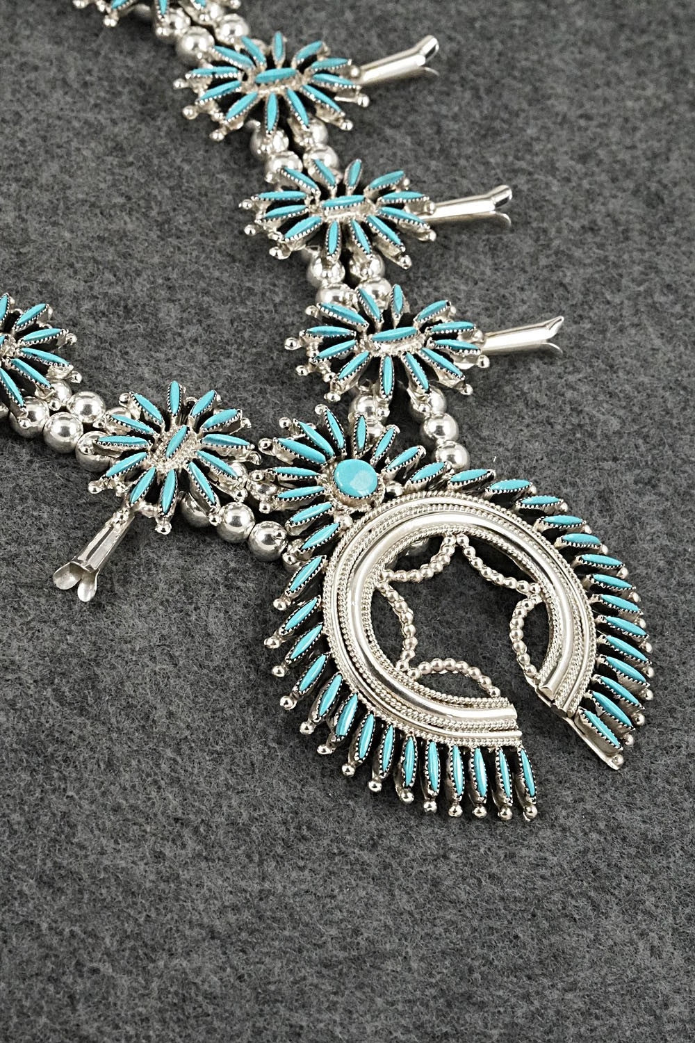 Turquoise & Sterling Silver Squash Blossom Necklace Set - Gerald Etsate