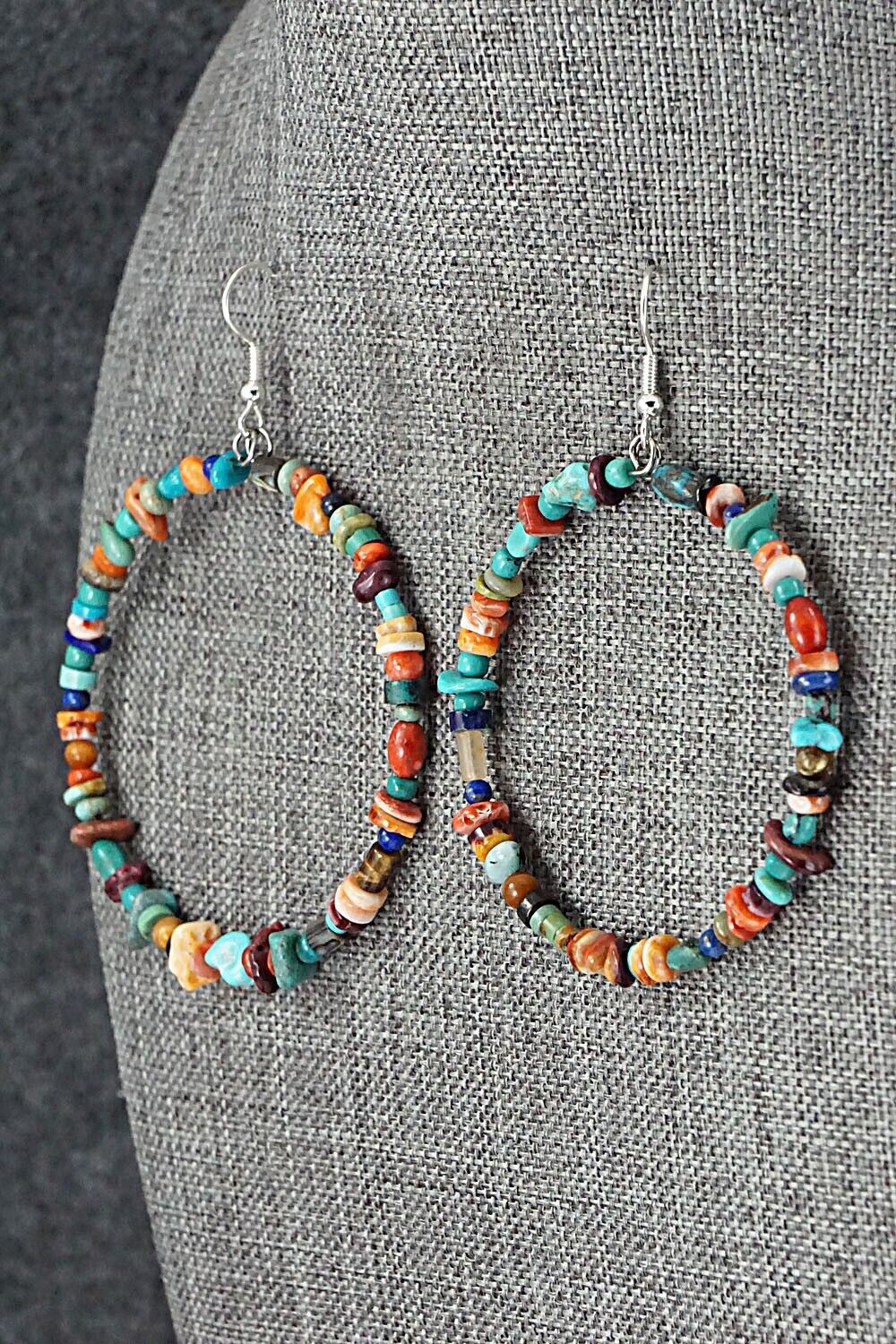Multi Stone & Sterling Silver Hoop Earrings - Helen Tsosie
