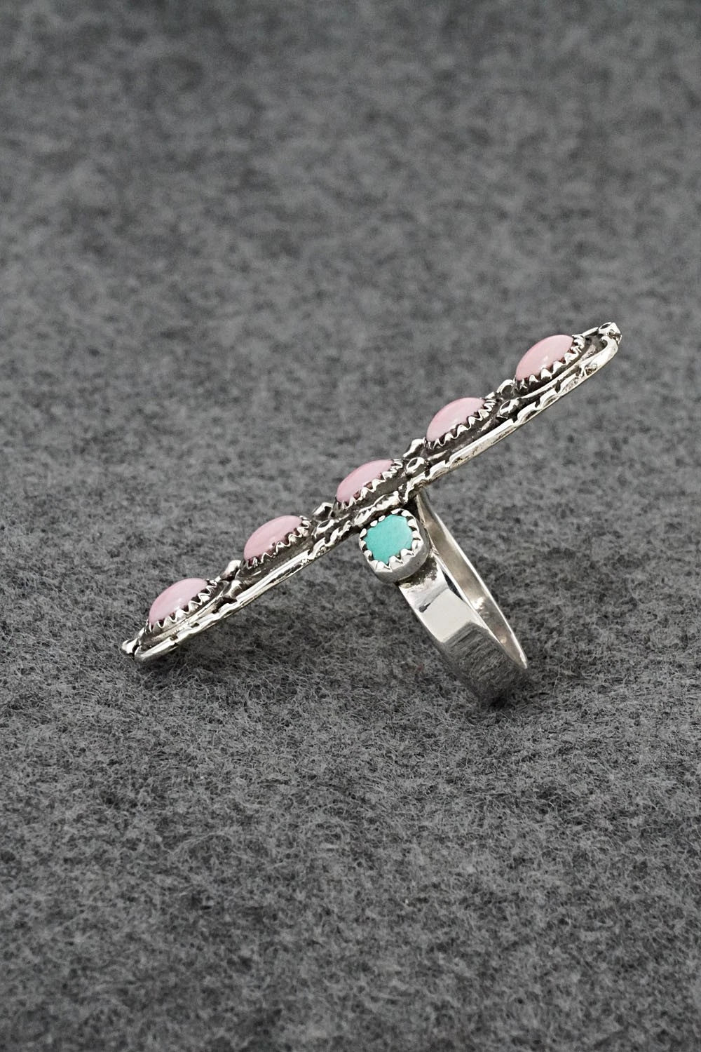 Pink Conch, Turquoise & Sterling Silver Ring - Priscilla Reeder - Size 7.5
