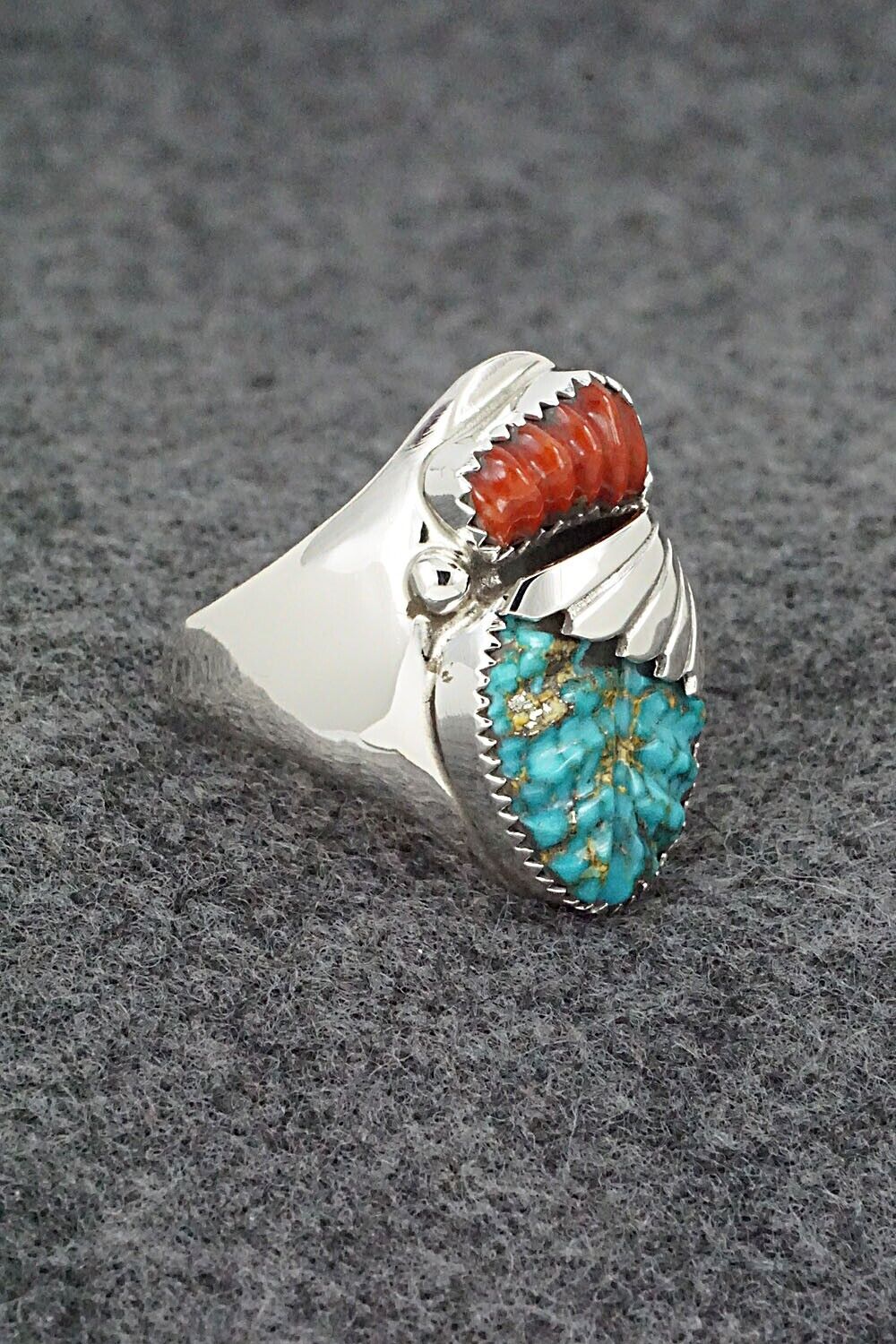 Coral, Turquoise & Sterling Silver Ring - Lyolita Tsattie - Size 8.5