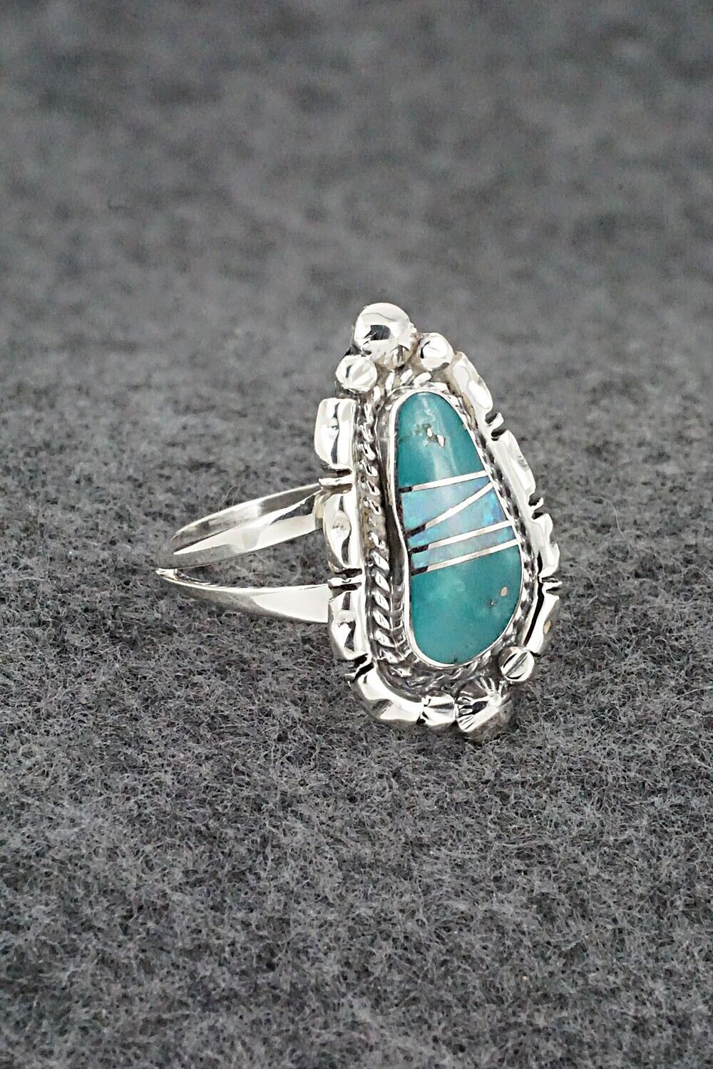 Turquoise, Opalite & Sterling Silver Inlay Ring - James Manygoats - Size 8.75