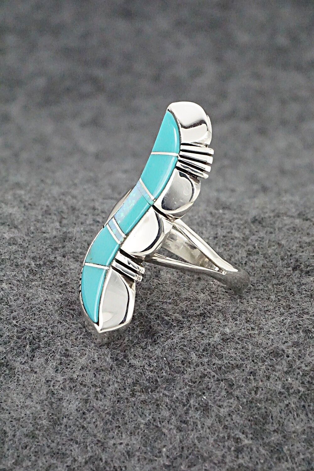 Turquoise, Opalite & Sterling Silver Inlay Ring - James Manygoats - Size 6