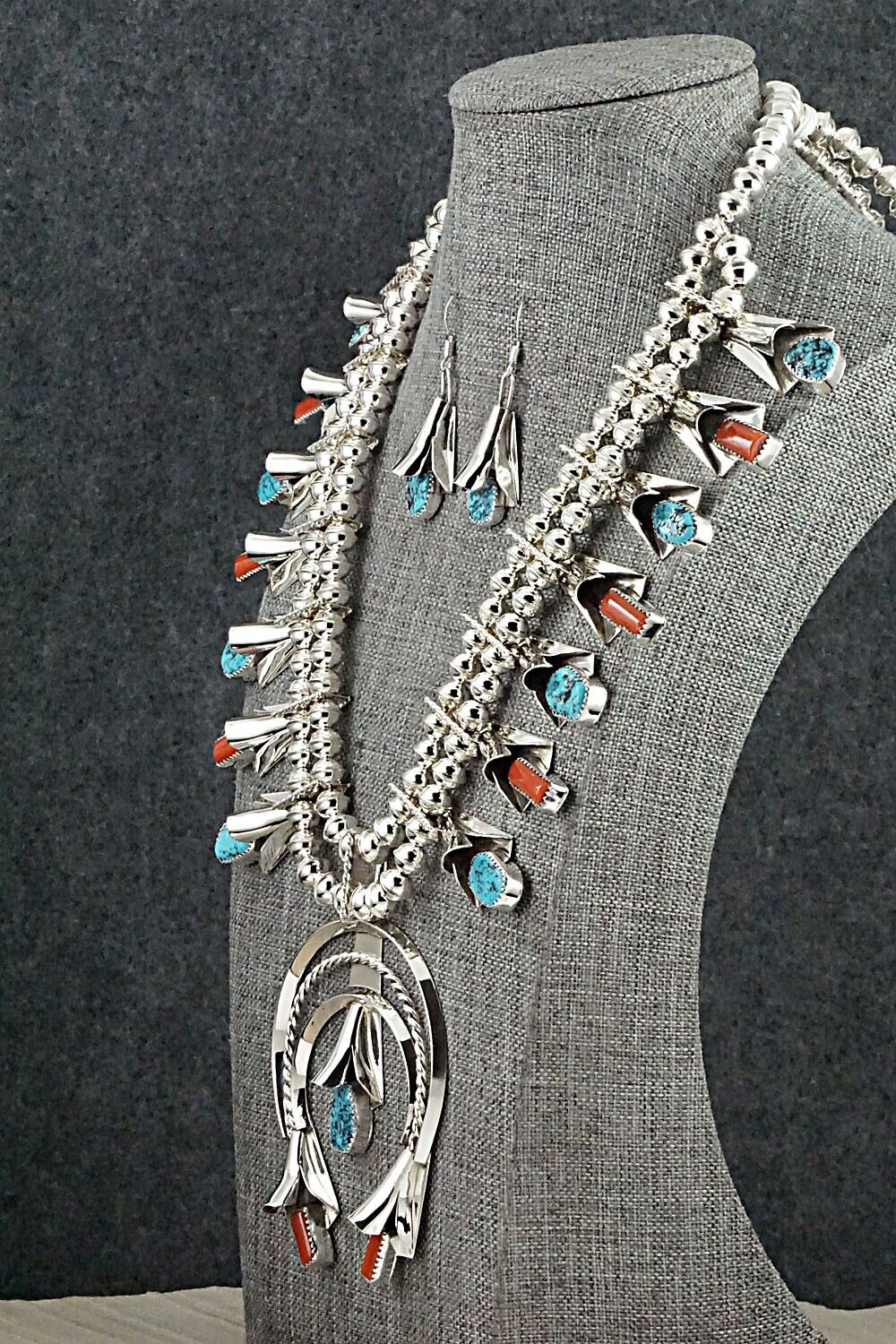 Turquoise, Coral & Sterling Silver Squash Blossom Set - Louise Yazzie