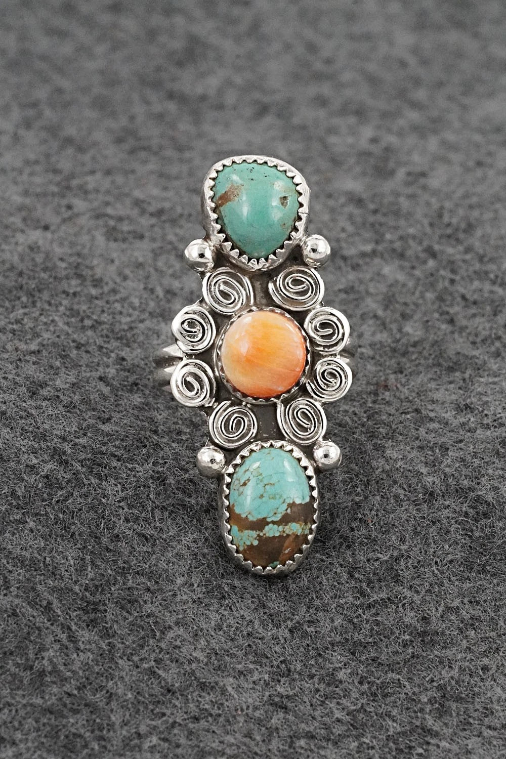 Turquoise, Spiny Oyster & Sterling Silver Ring - Priscilla Reeder - Size 8.5