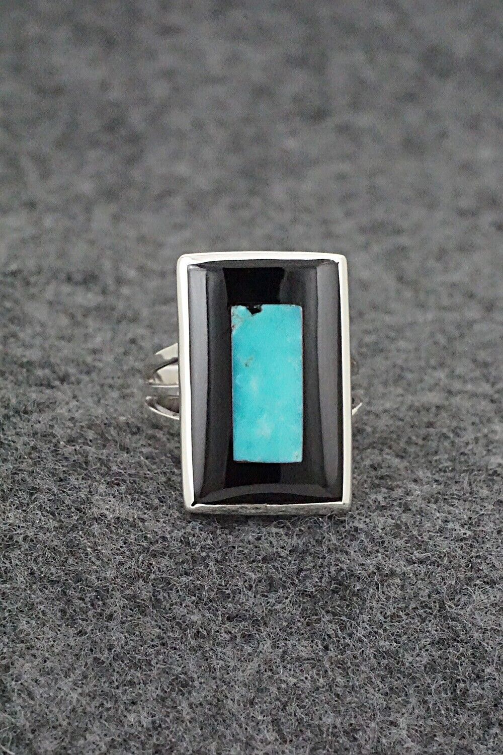 Turquoise, Onyx & Sterling Silver Inlay Ring - Harlen Consis - Size 7