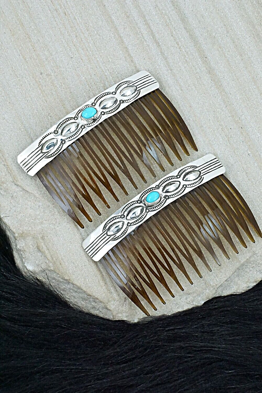 Turquoise & Sterling Silver Hair Combs - Jennie Blackgoat