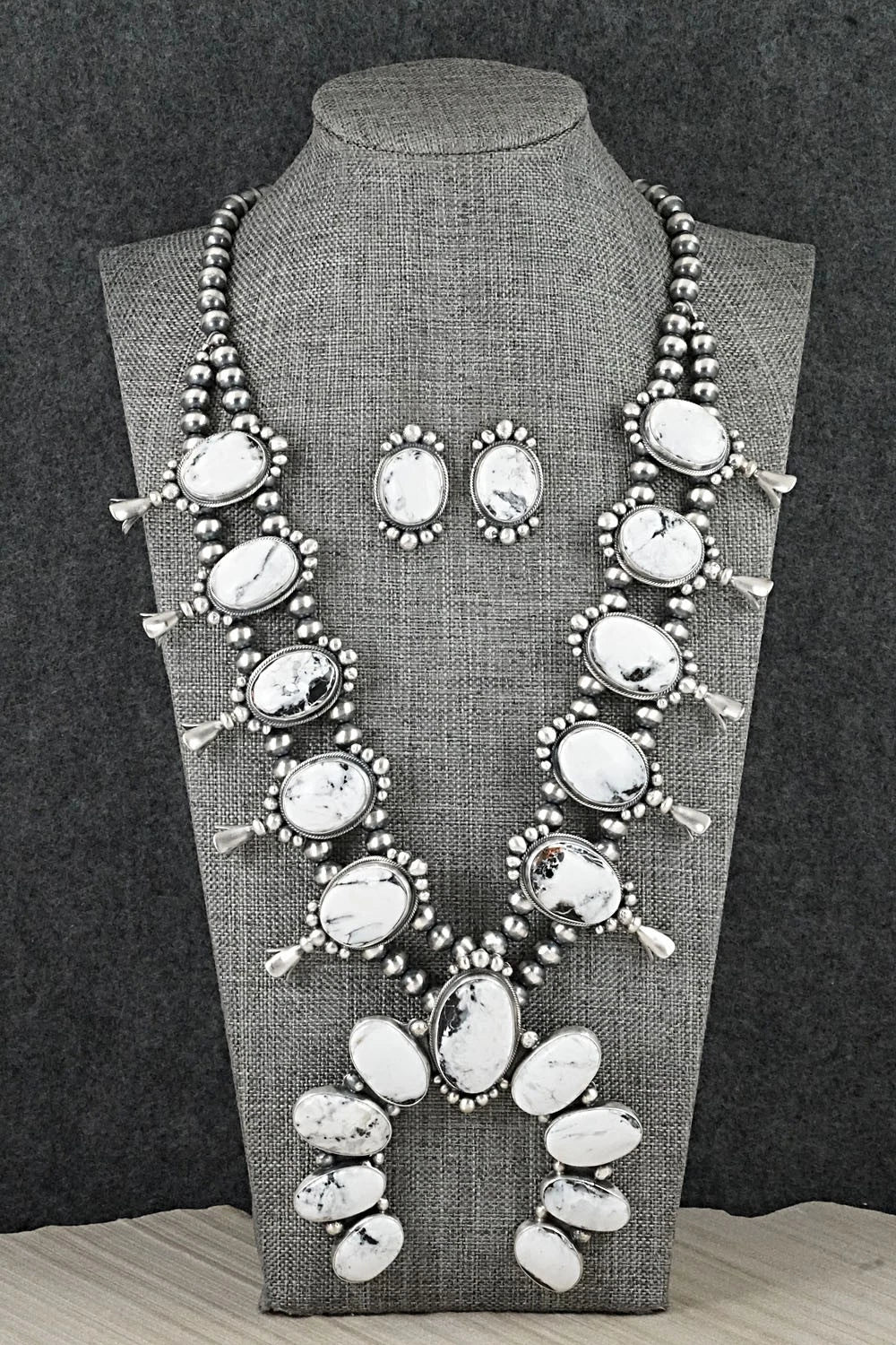 White Buffalo & Sterling Silver Squash Blossom Set - Darrin Livingston
