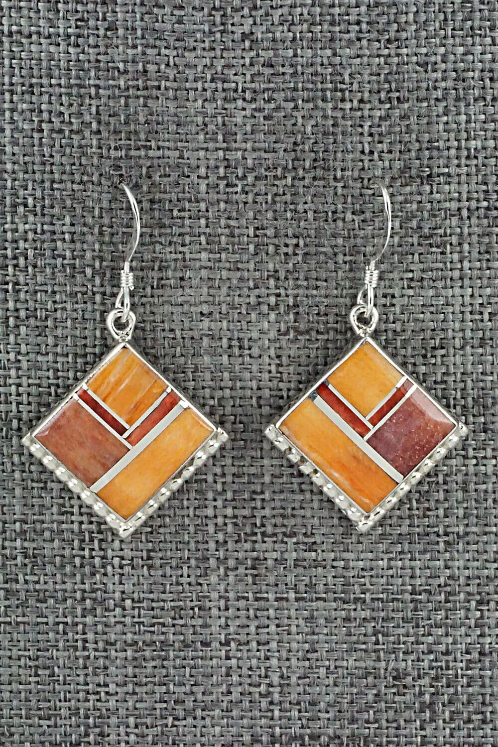 Spiny Oyster & Sterling Silver Inlay Earrings - James Manygoats