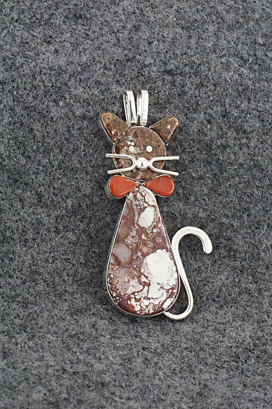 Wild Horse, Coral & Sterling Silver Pendant - Leavus Ahiyite