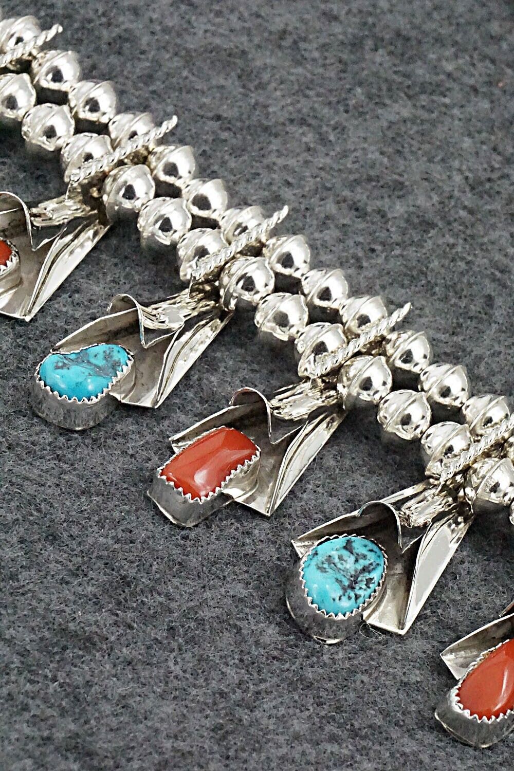 Turquoise, Coral & Sterling Silver Squash Blossom Set - Louise Yazzie