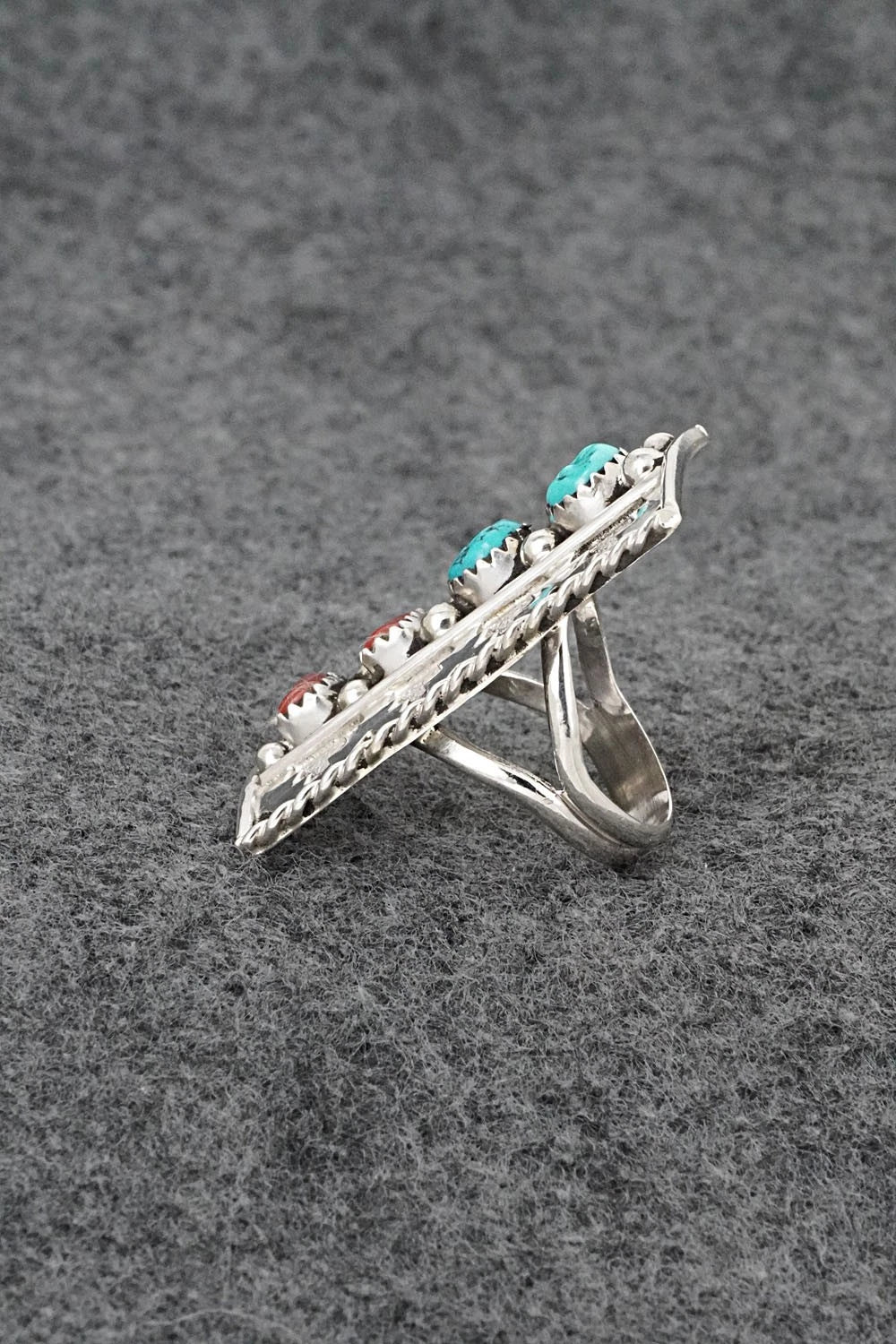 Turquoise, Coral & Sterling Silver Ring - Ronnie Spencer - Size 6.5