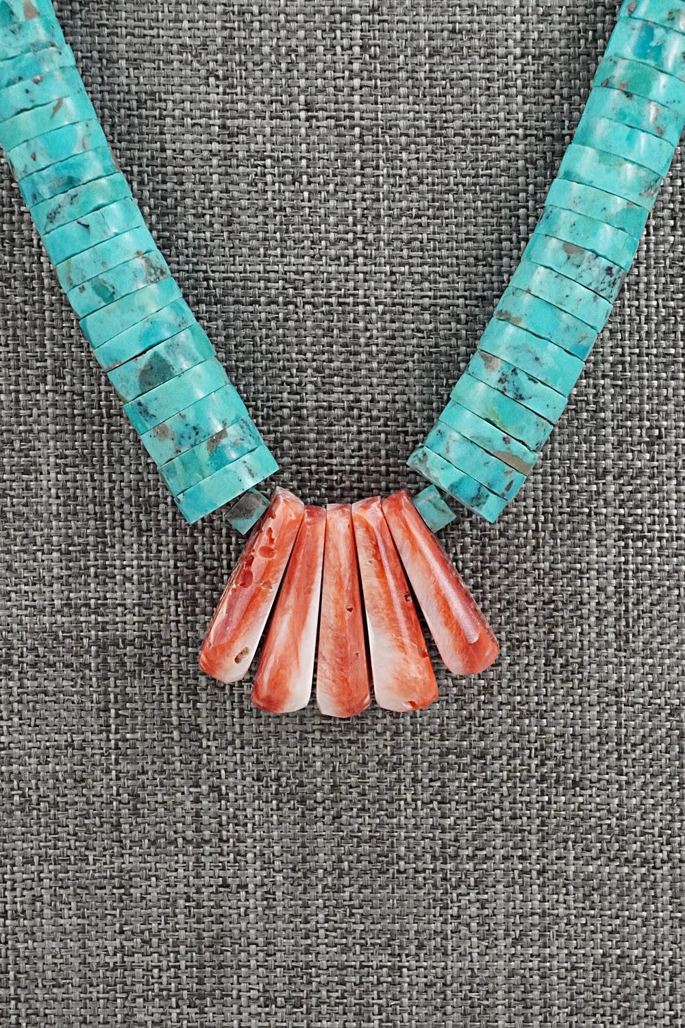 Turquoise, Spiny Oyster & Sterling Silver Necklace 20" - Lupe Lovato