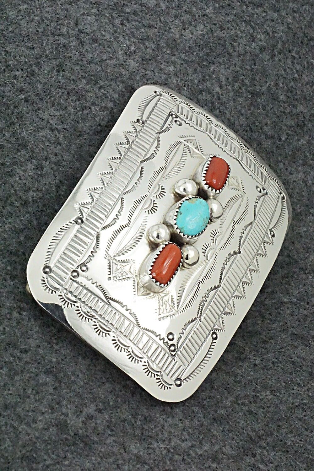 Turquoise, Coral & Sterling Silver Belt Buckle - Wilbur Myers