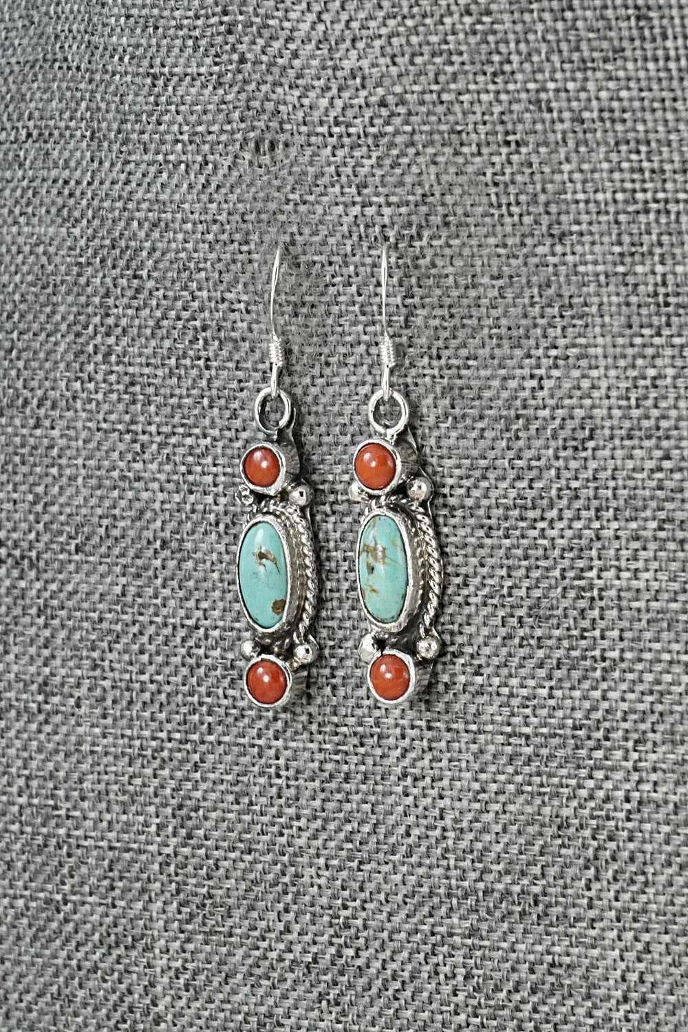 Turquoise, Coral & Sterling Silver Earrings - Verley Betone