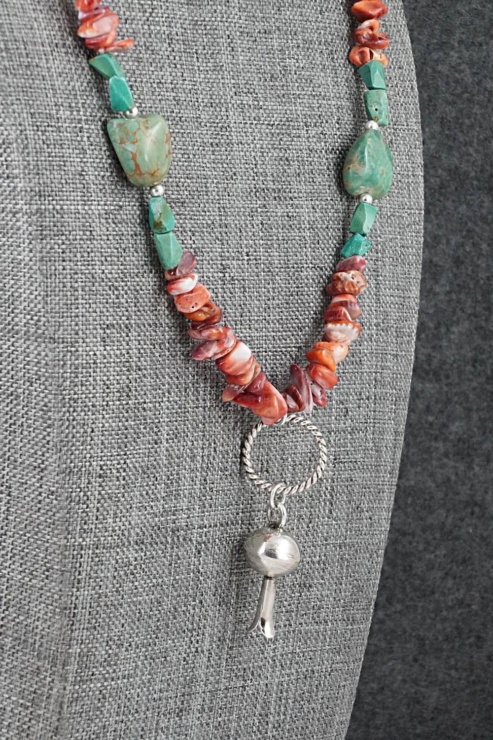 Spiny Oyster, Turquoise & Sterling Silver Necklace 26" - Erika Brown