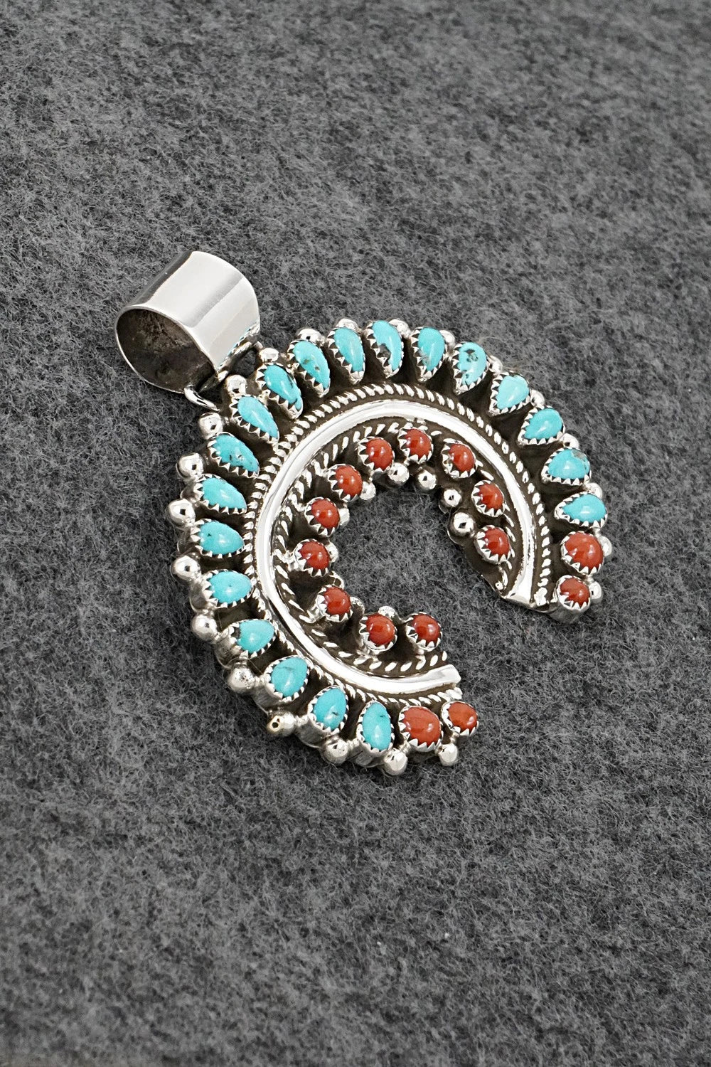 Turquoise, Coral & Sterling Silver Pendant - Leroy Kee