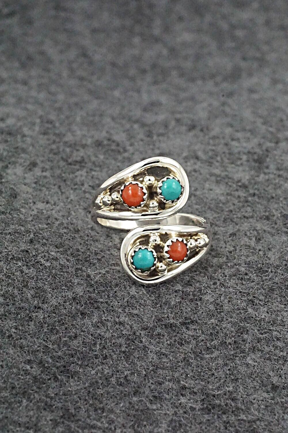 Turquoise, Coral & Sterling Silver Ring - Genevieve Francisco - Size 8.5