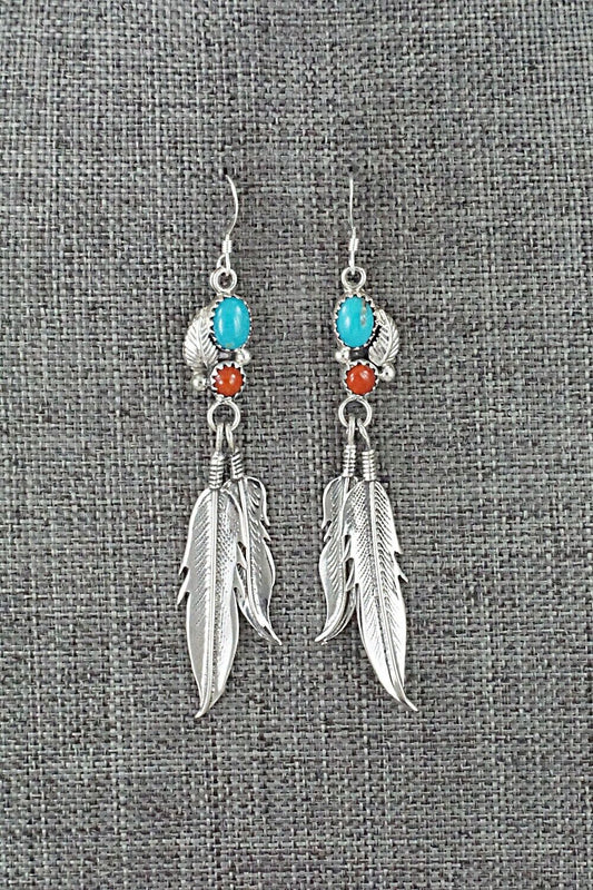 Turquoise, Coral & Sterling Silver Earrings - Annie Spencer