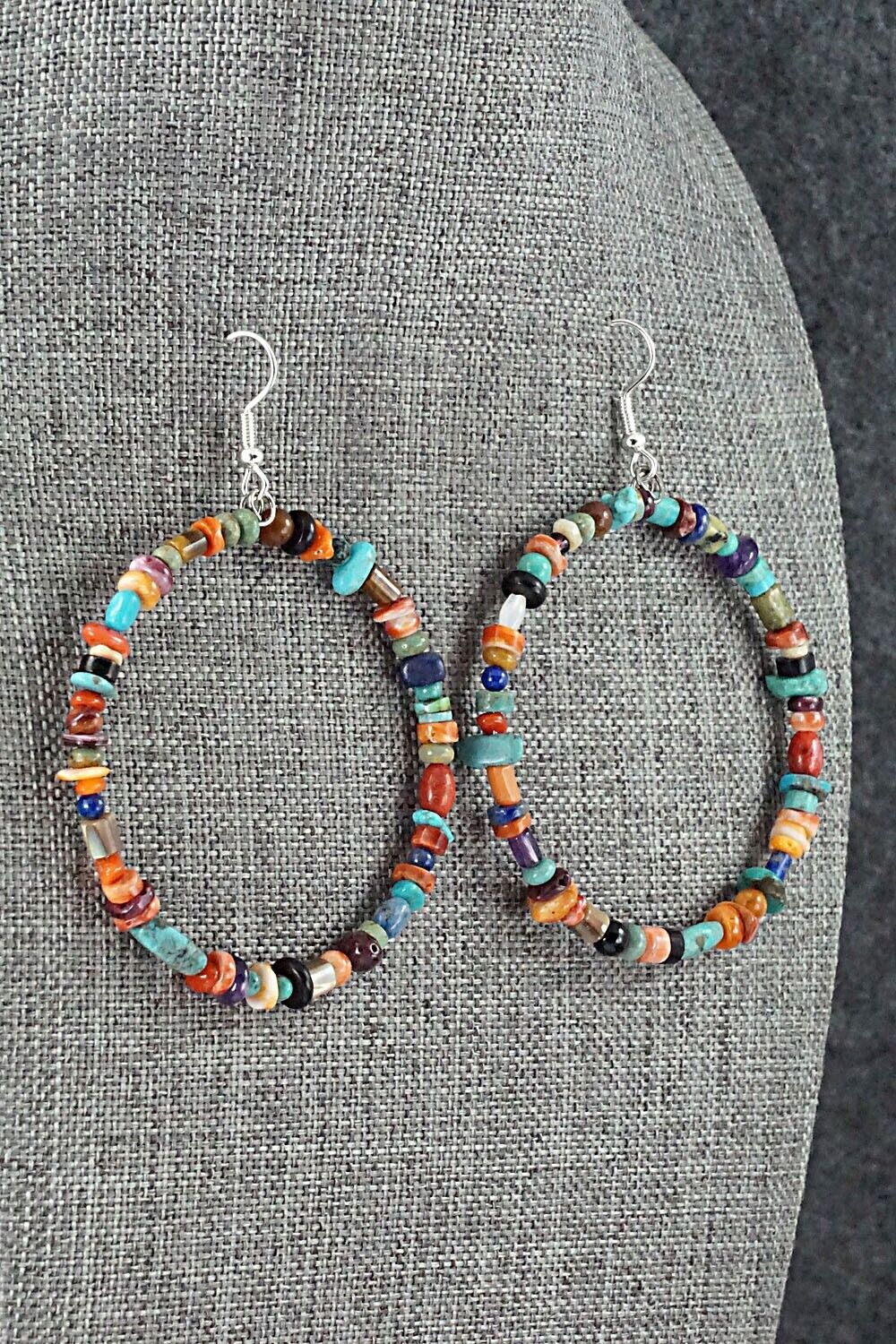 Multi Stone & Sterling Silver Hoop Earrings - Helen Tsosie