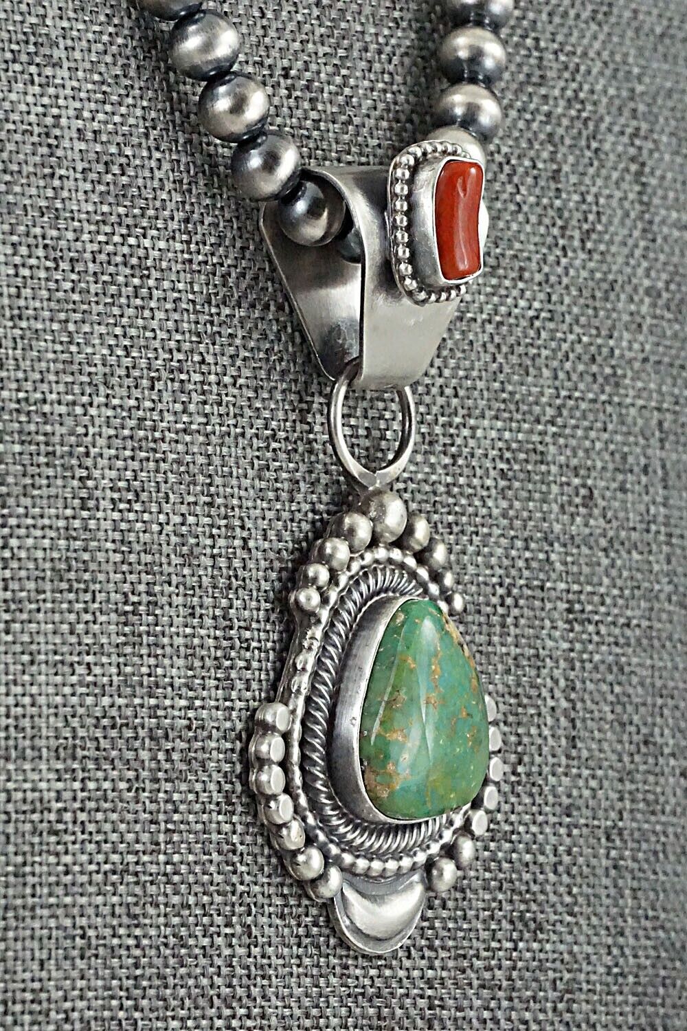 Turquoise, Coral & Sterling Silver Necklace - Tom Lewis