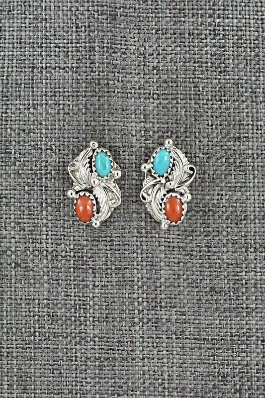 Turquoise, Coral & Sterling Silver Earrings - Robert Martinez