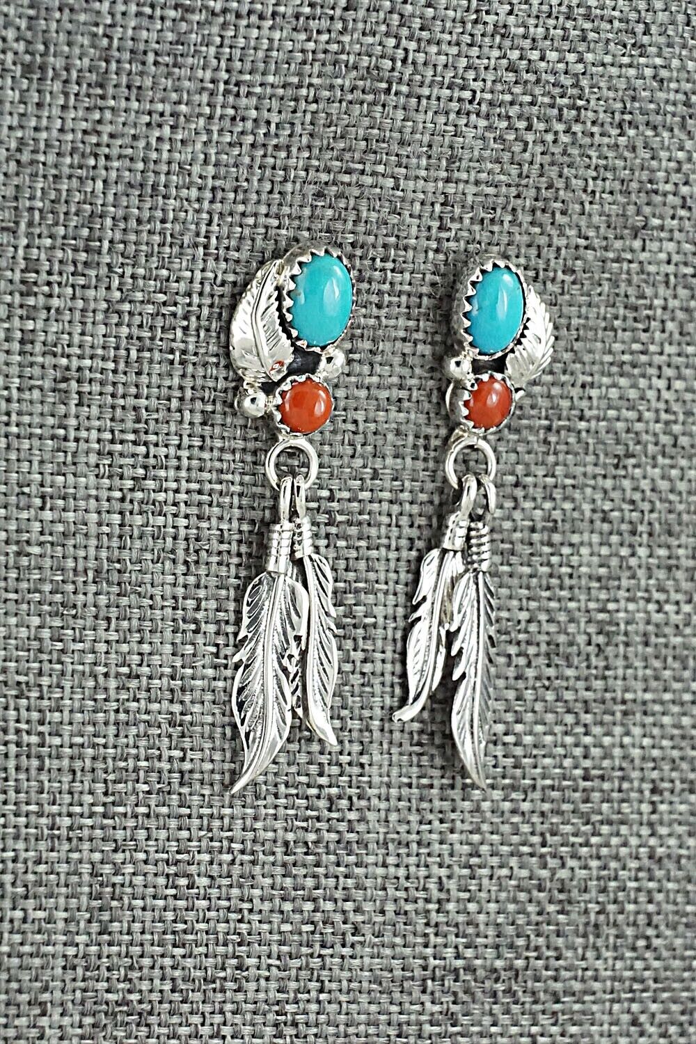 Turquoise, Coral & Sterling Silver Earrings - Annie Spencer