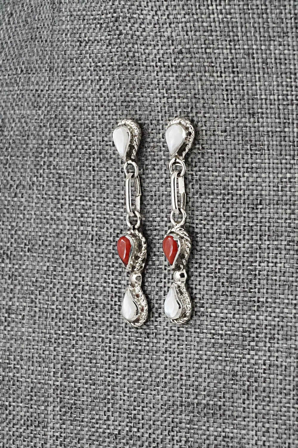 Coral, Mother of Pearl & Sterling Silver Earrings - Carol Lateyice