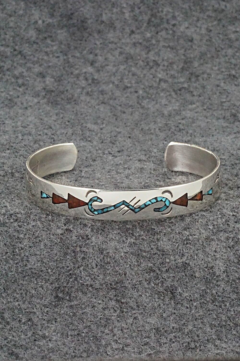 Turquoise, Coral Chip Inlay & Sterling Silver Bracelet - Joleen Yazzie