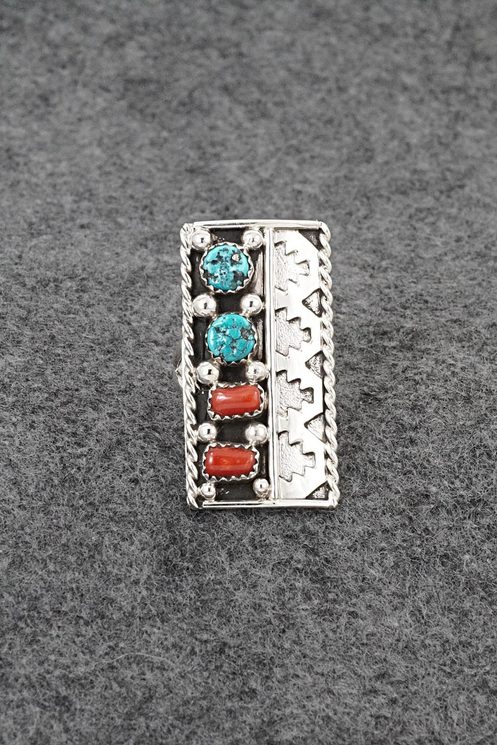 Turquoise, Coral & Sterling Silver Ring - Ronnie Spencer - Size 7