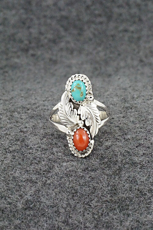 Turquoise, Coral & Sterling Silver Ring - Robert Martinez - Size 5.75