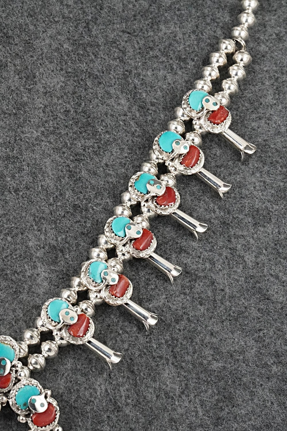 Turquoise, Coral & Sterling Silver Squash Blossom Set - Gayle Calavaza