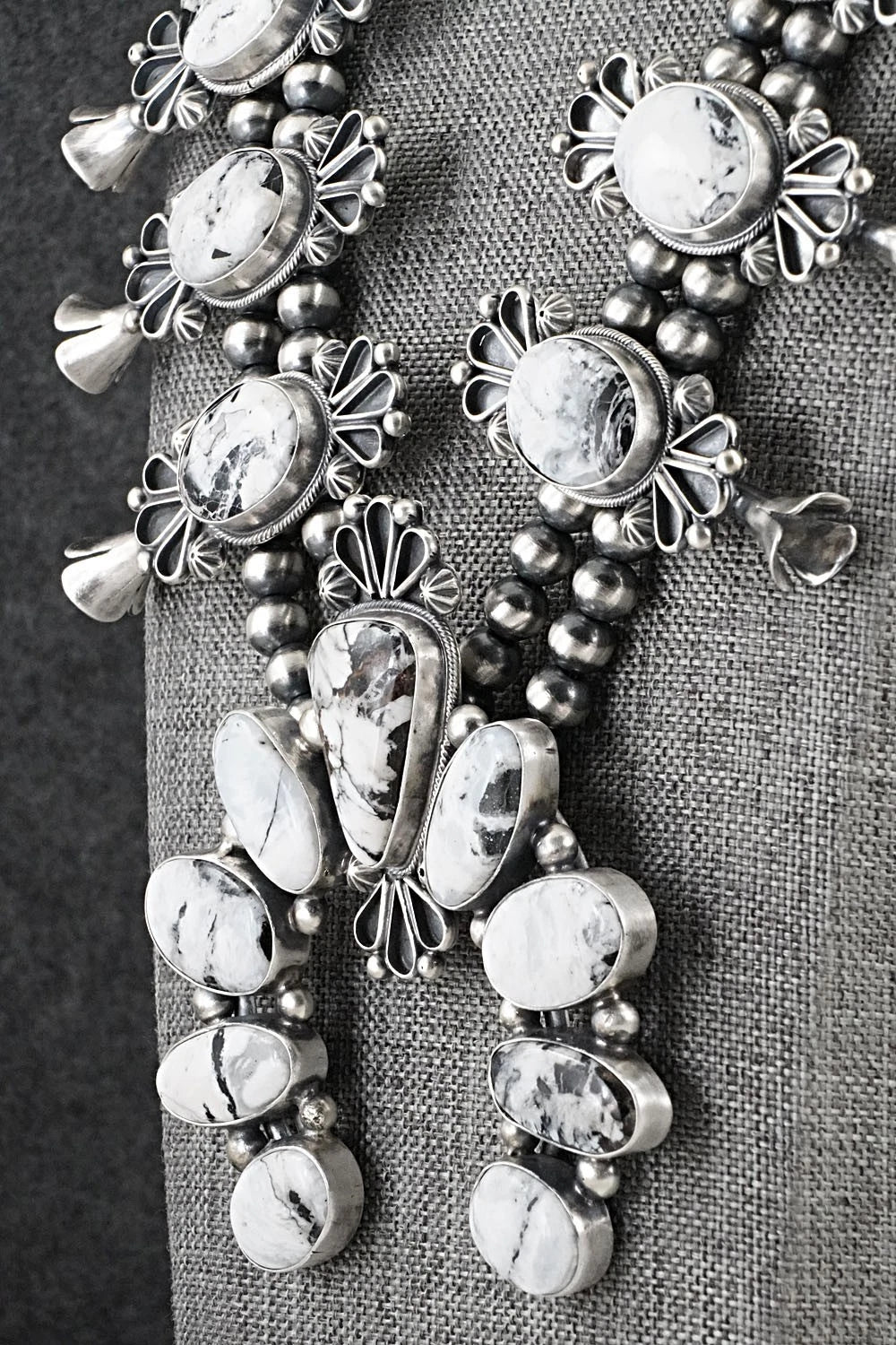 White Buffalo & Sterling Silver Squash Blossom Set - Paul Livingston
