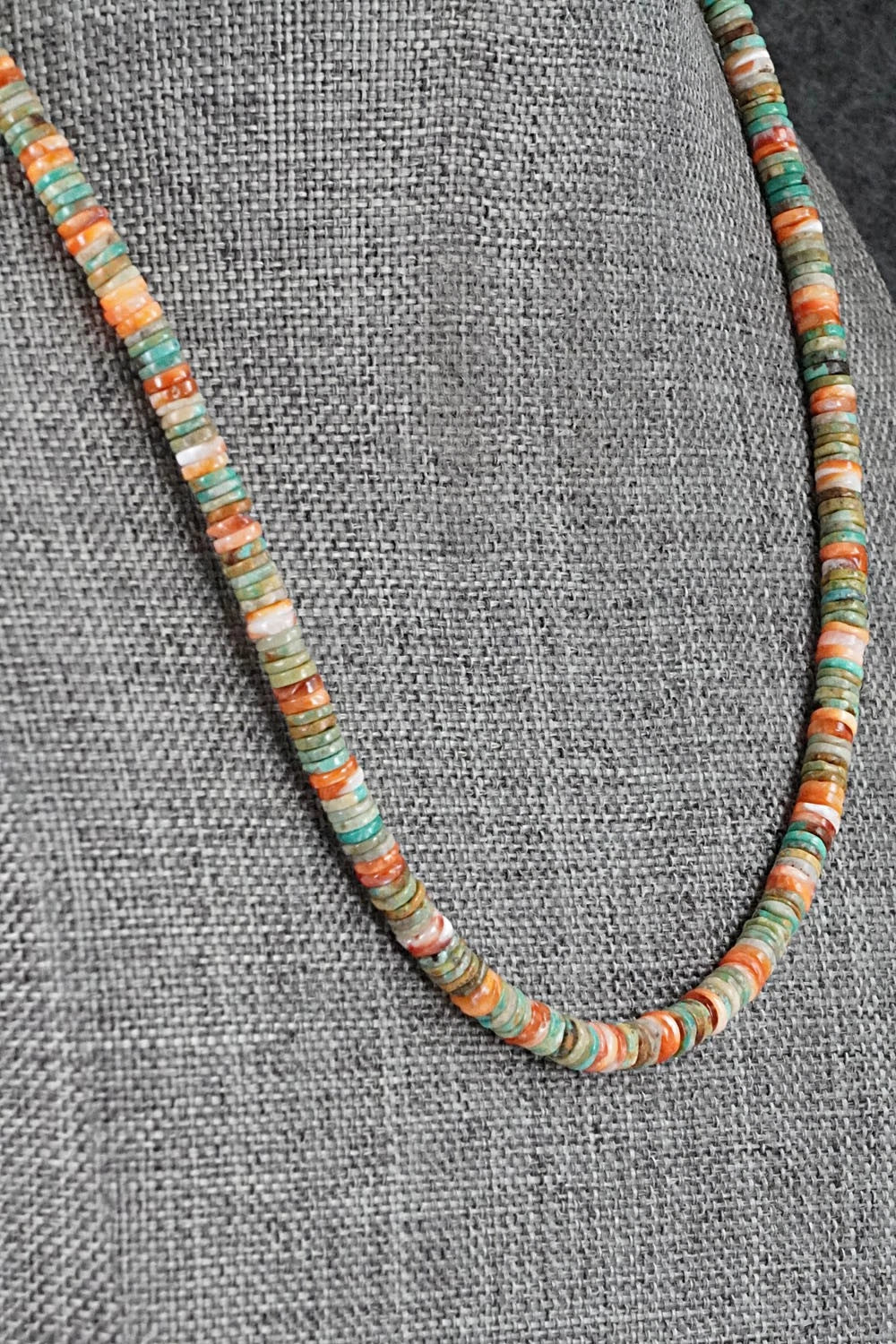 Turquoise, Spiny Oyster & Sterling Silver Necklace 17" - Doreen Jake