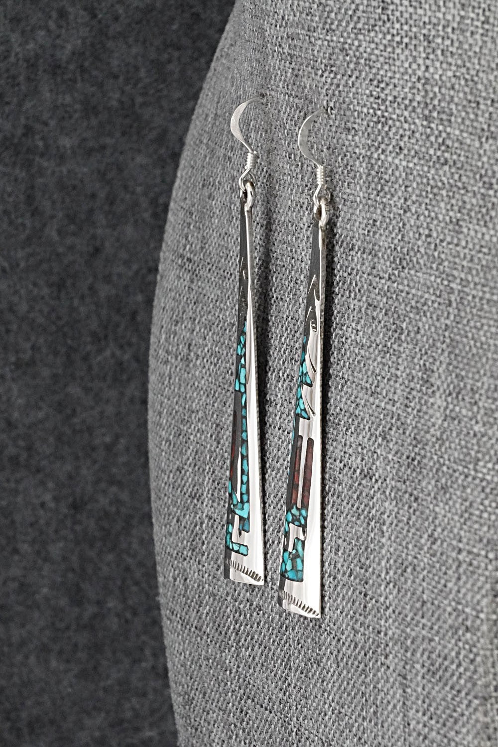 Turquoise, Coral Chip & Sterling Silver Earrings - Joleen Yazzie