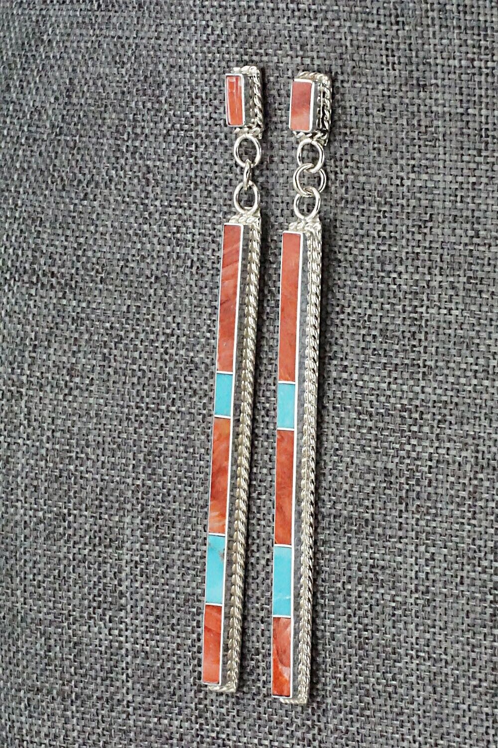 Turquoise, Spiny Oyster & Sterling Silver Inlay Earrings - Ricky Booqua