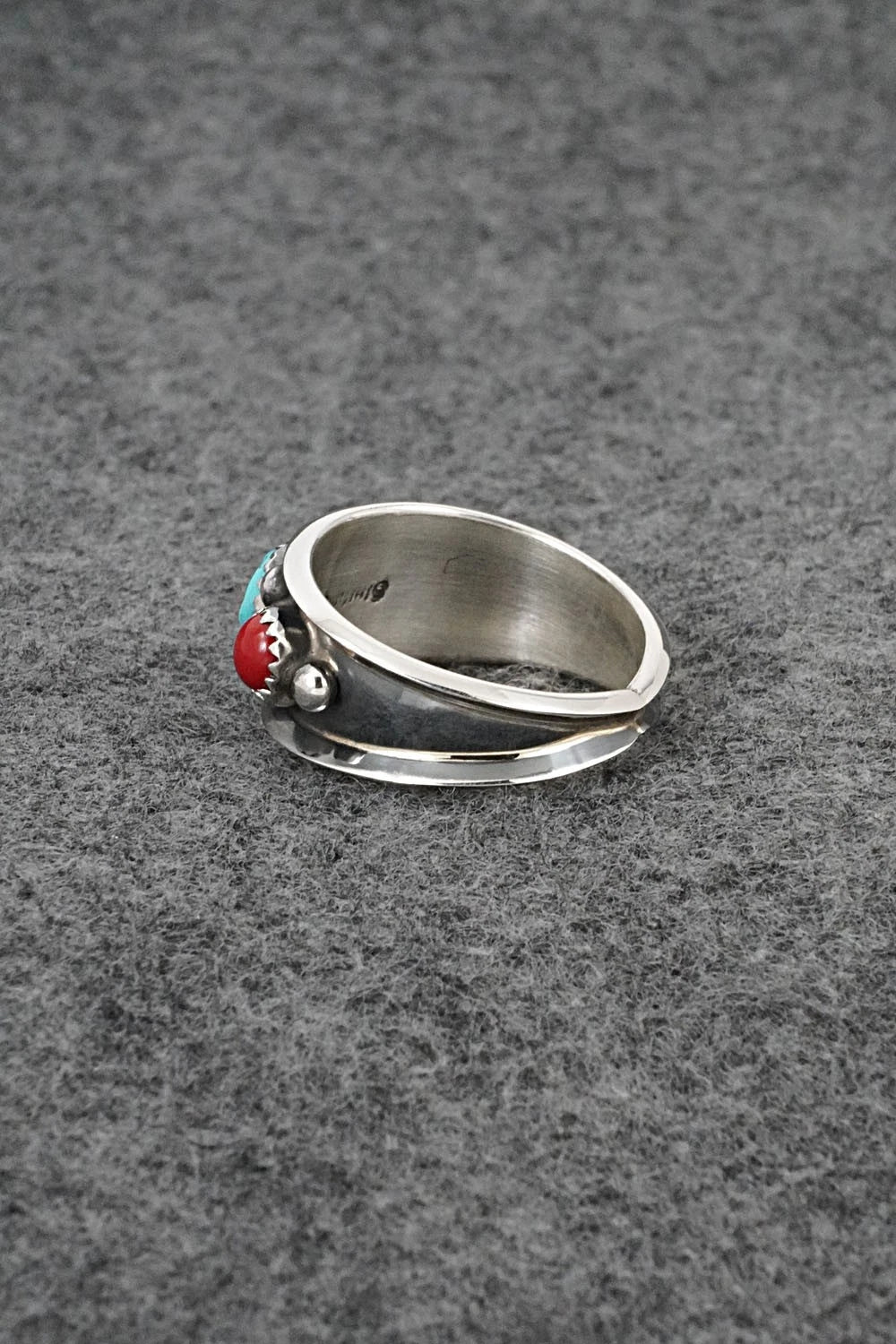 Turquoise, Coral & Sterling Silver Ring - Paul Largo - Size 11
