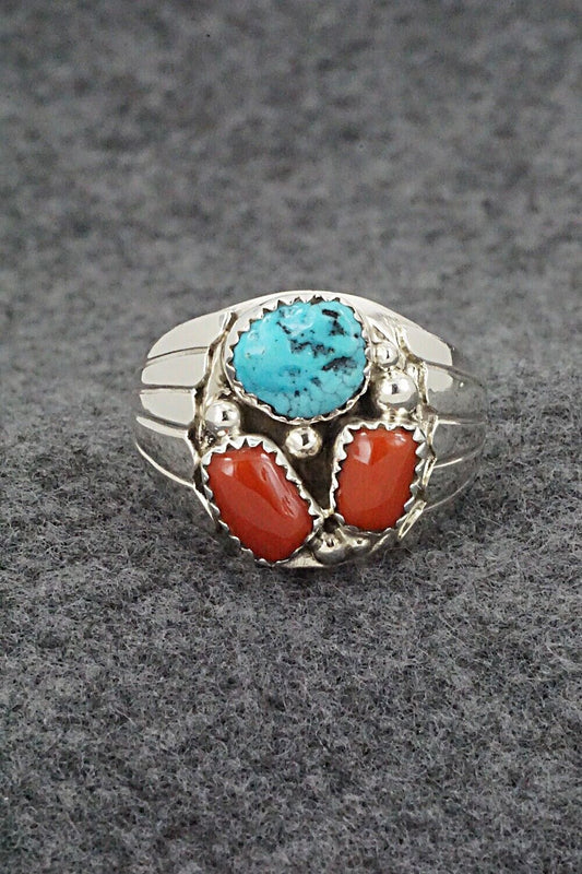 Turquoise, Coral & Sterling Silver Ring - Anna Spencer - 10.5