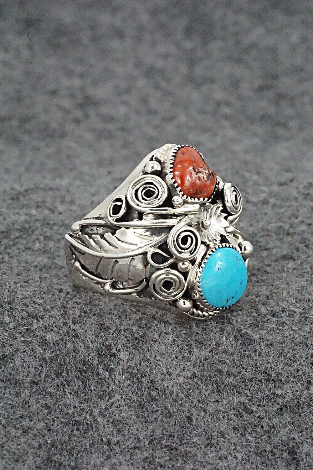 Turquoise, Coral & Sterling Silver Ring - Sarah Yazzie - Size 10