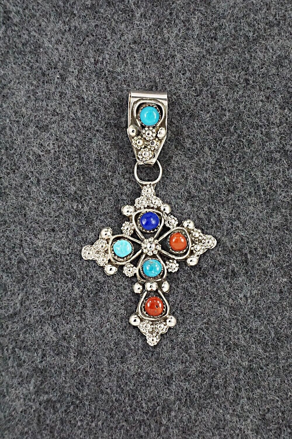 Turquoise, Coral, Lapis & Sterling Silver Pendant - Verdie Booqua