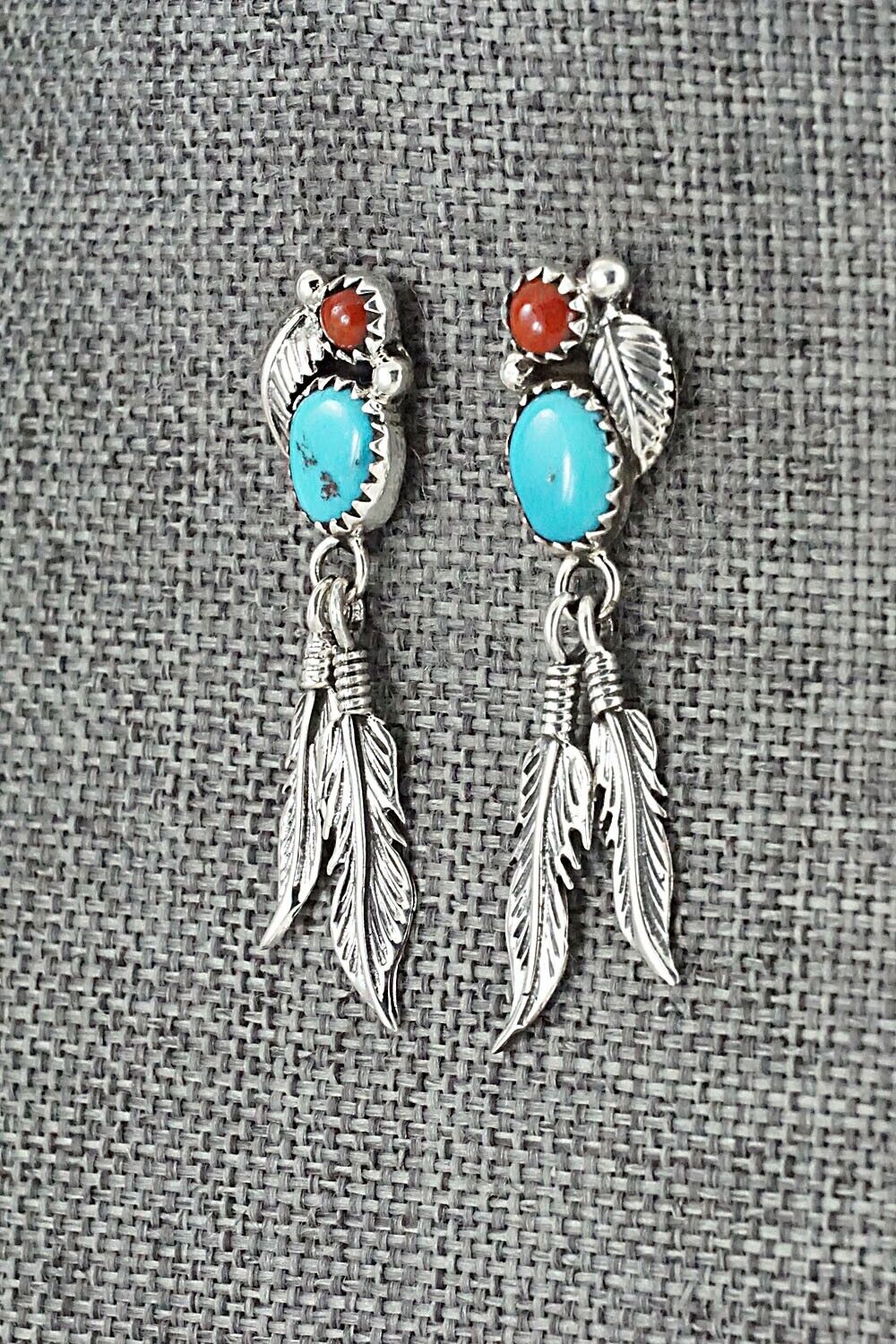 Turquoise, Coral & Sterling Silver Earrings - Marie Jones