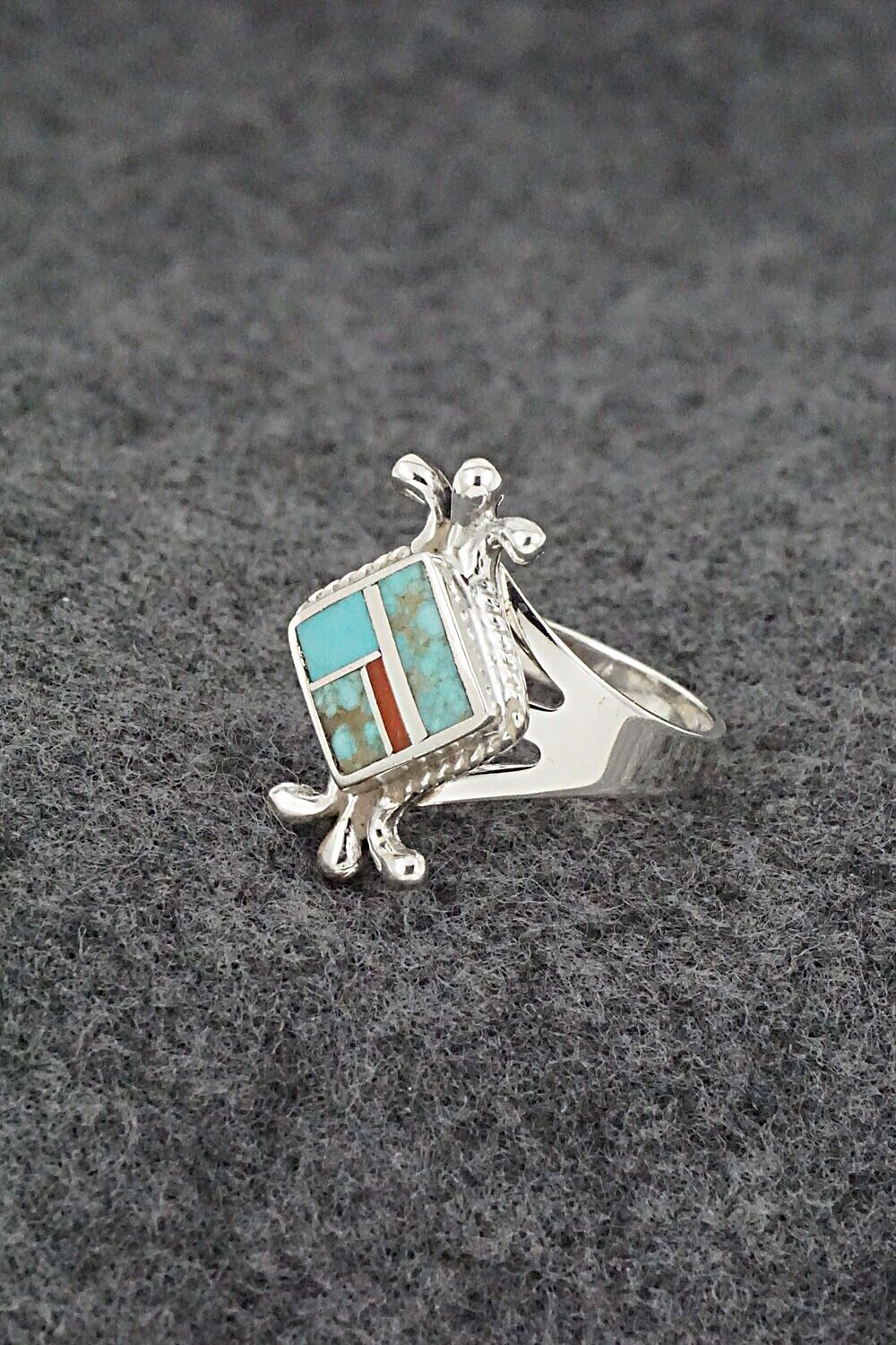 Turquoise, Coral & Sterling Silver Inlay Ring - James Manygoats - Size 7