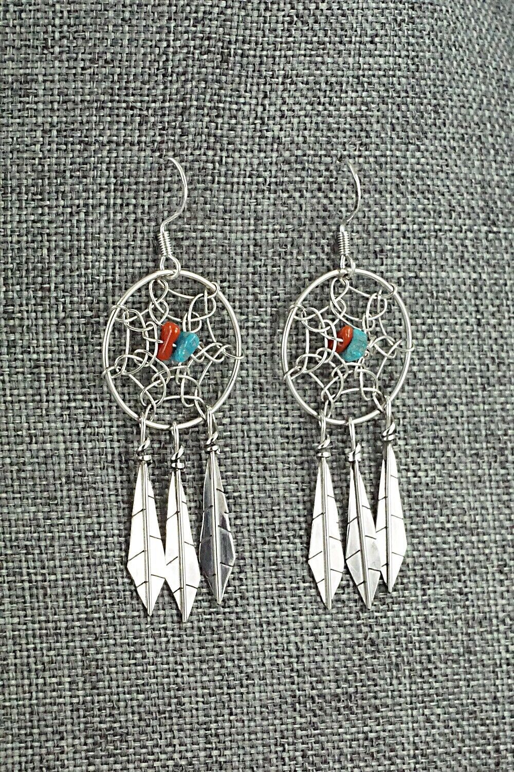 Turquoise, Coral & Sterling Silver Earrings - Lorenzo Arviso Jr.