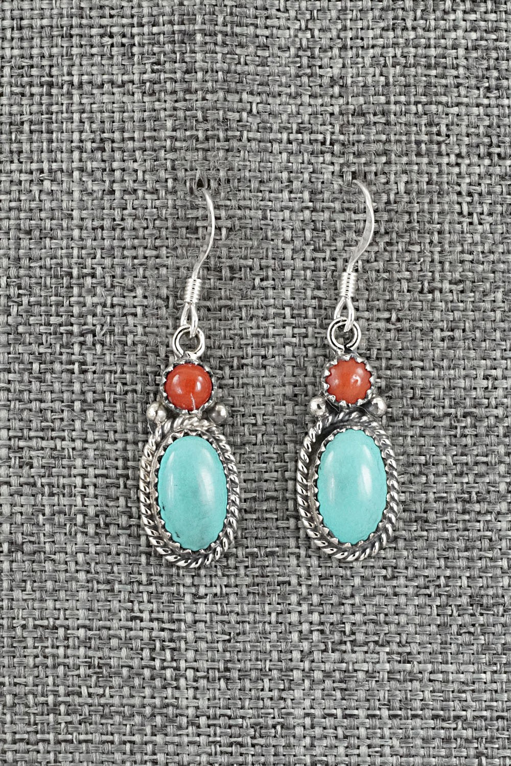 Turquoise, Coral & Sterling Silver Earrings - Verley Betone
