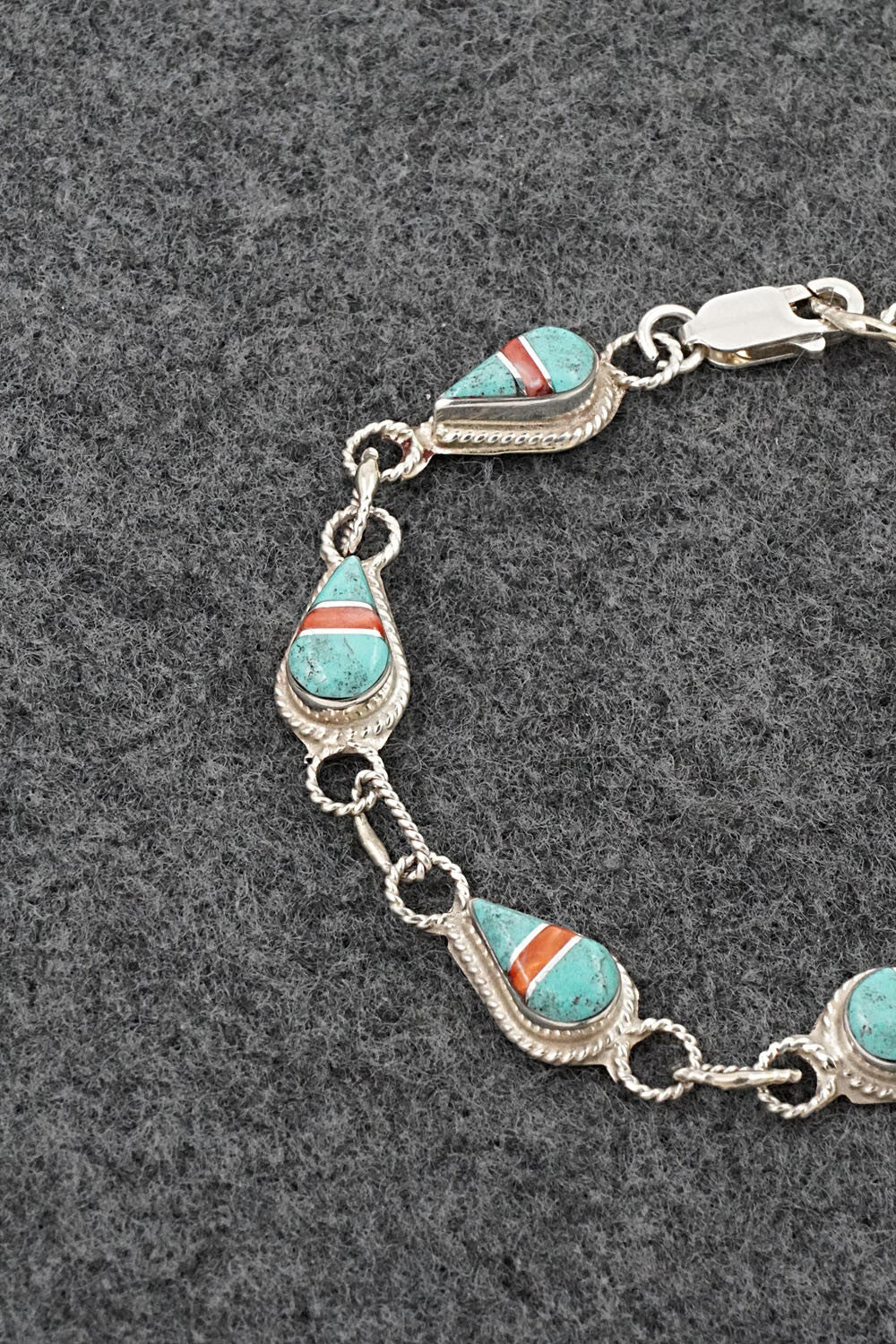 Turquoise, Coral & Sterling Silver Link Bracelet - Terrance Panteah