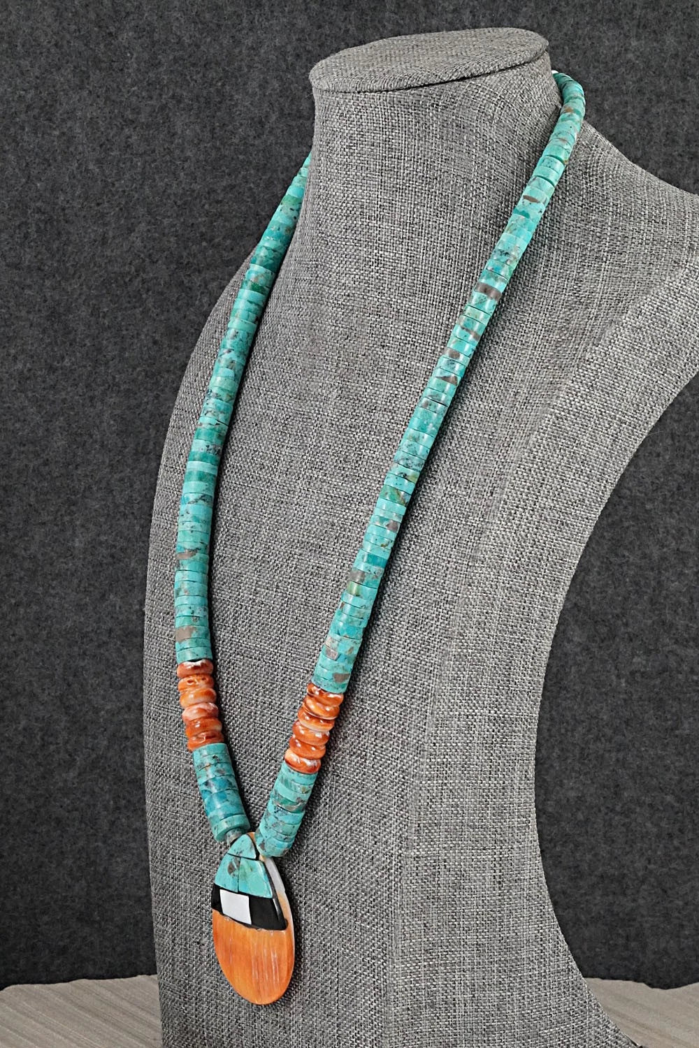 Turquoise, Spiny Oyster and Sterling Silver Necklace - Lupe Lovato