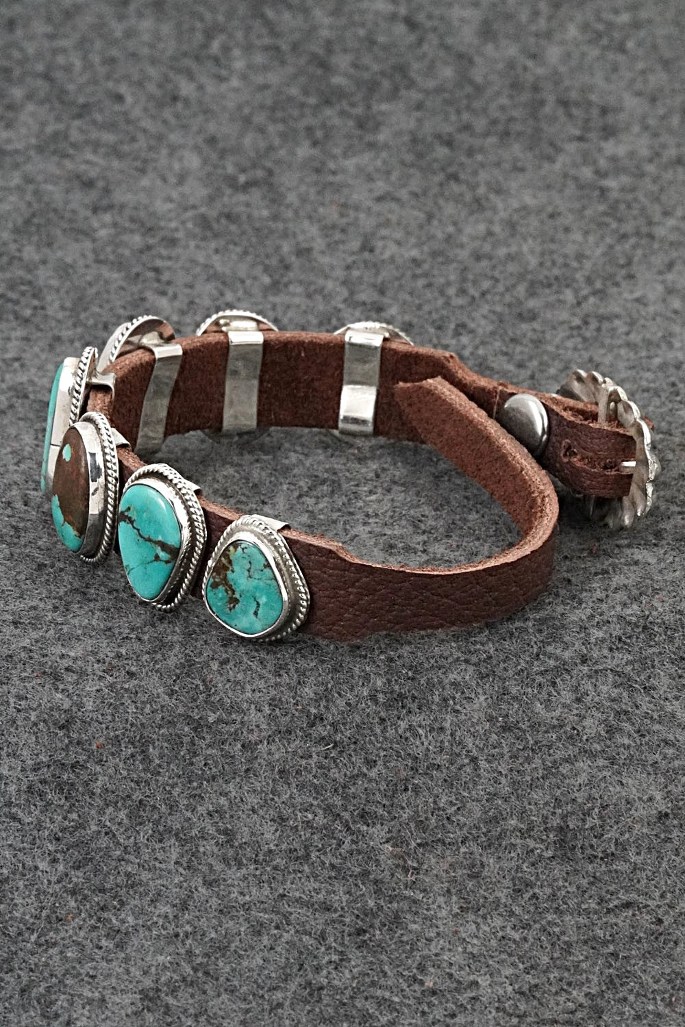 Turquoise, Spiny Oyster, Sterling Silver & Leather Bracelet - Marlene Ramone