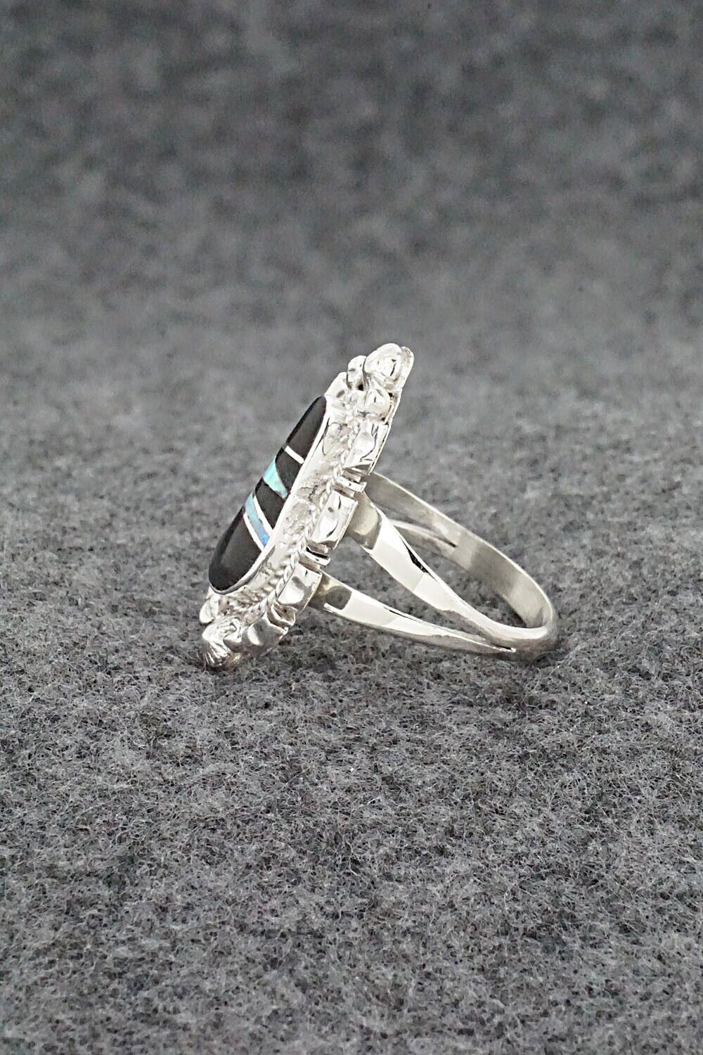 Onyx, Opalite & Sterling Silver Inlay Ring - James Manygoats - Size 7.25