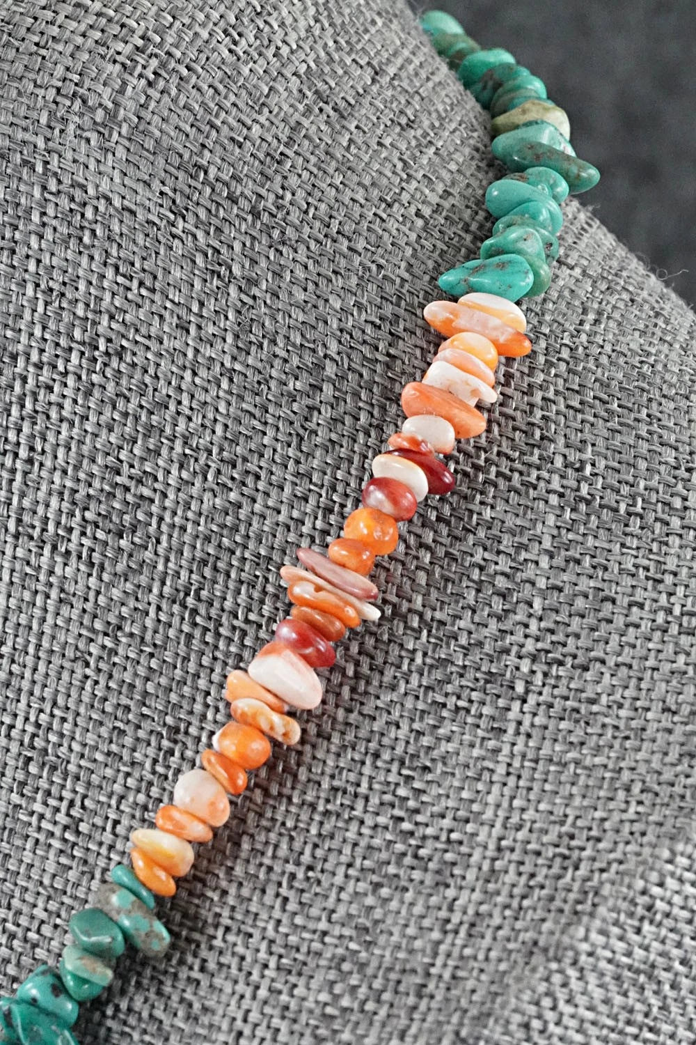 Turquoise, Spiny Oyster & Sterling Silver Necklace 17" - Doreen Jake
